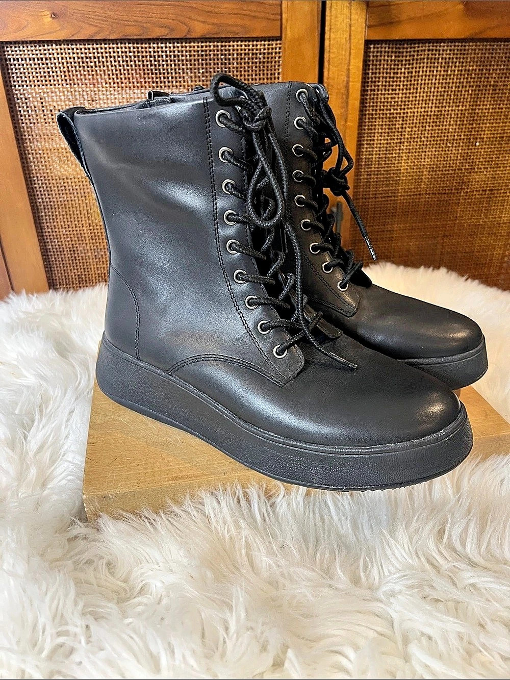 FitFlop F-Mode Leather Lace Up Combat Platform Boots